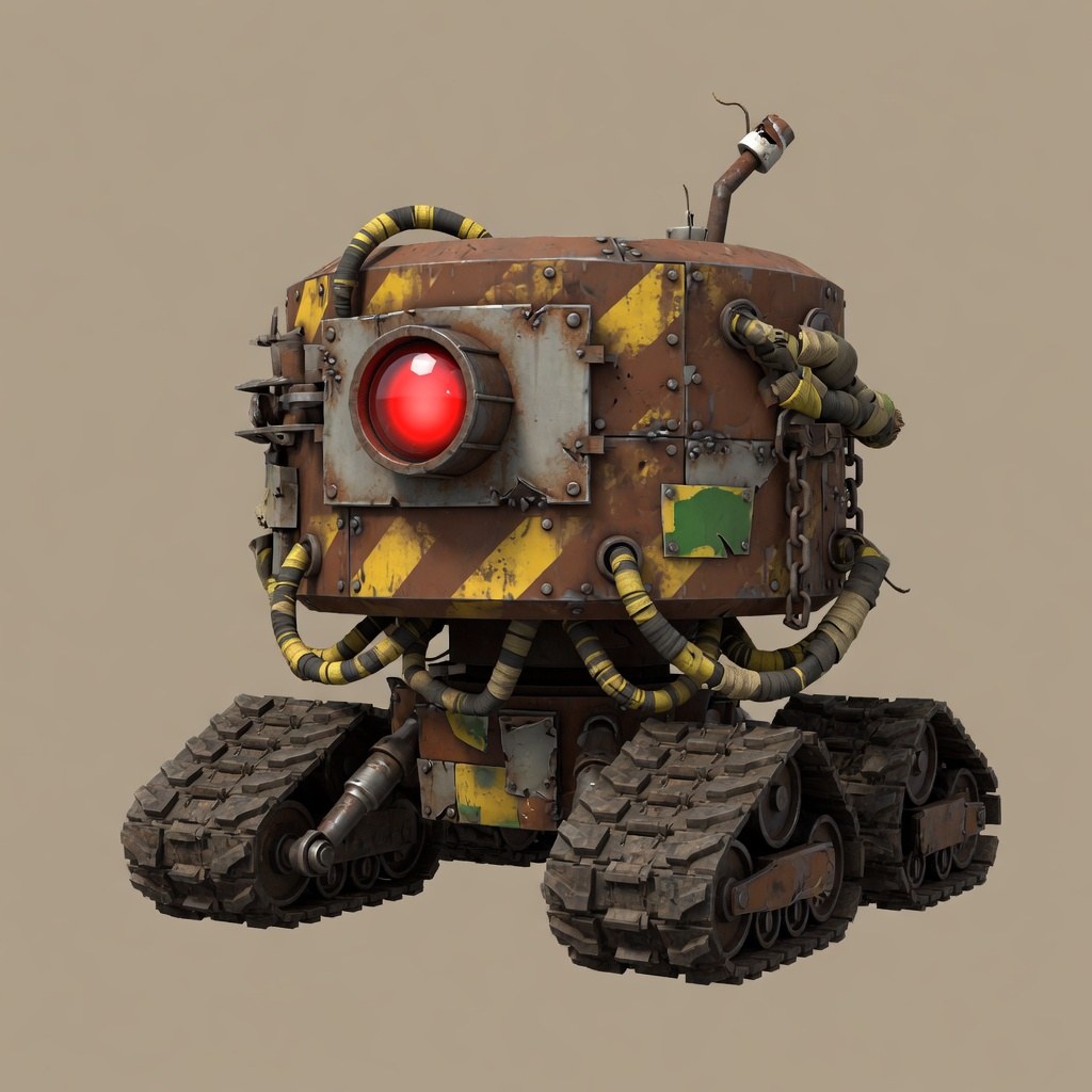 A Scrap, a barrel-torso industrial walker with tractor treads and a single red optic